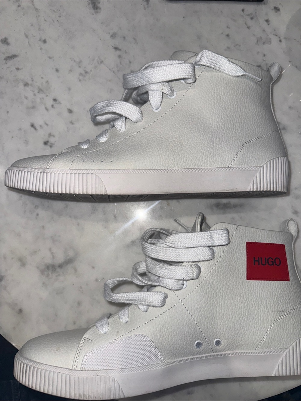 HUGO White High-Top Sneakers with Red Logo Patch Euro 46